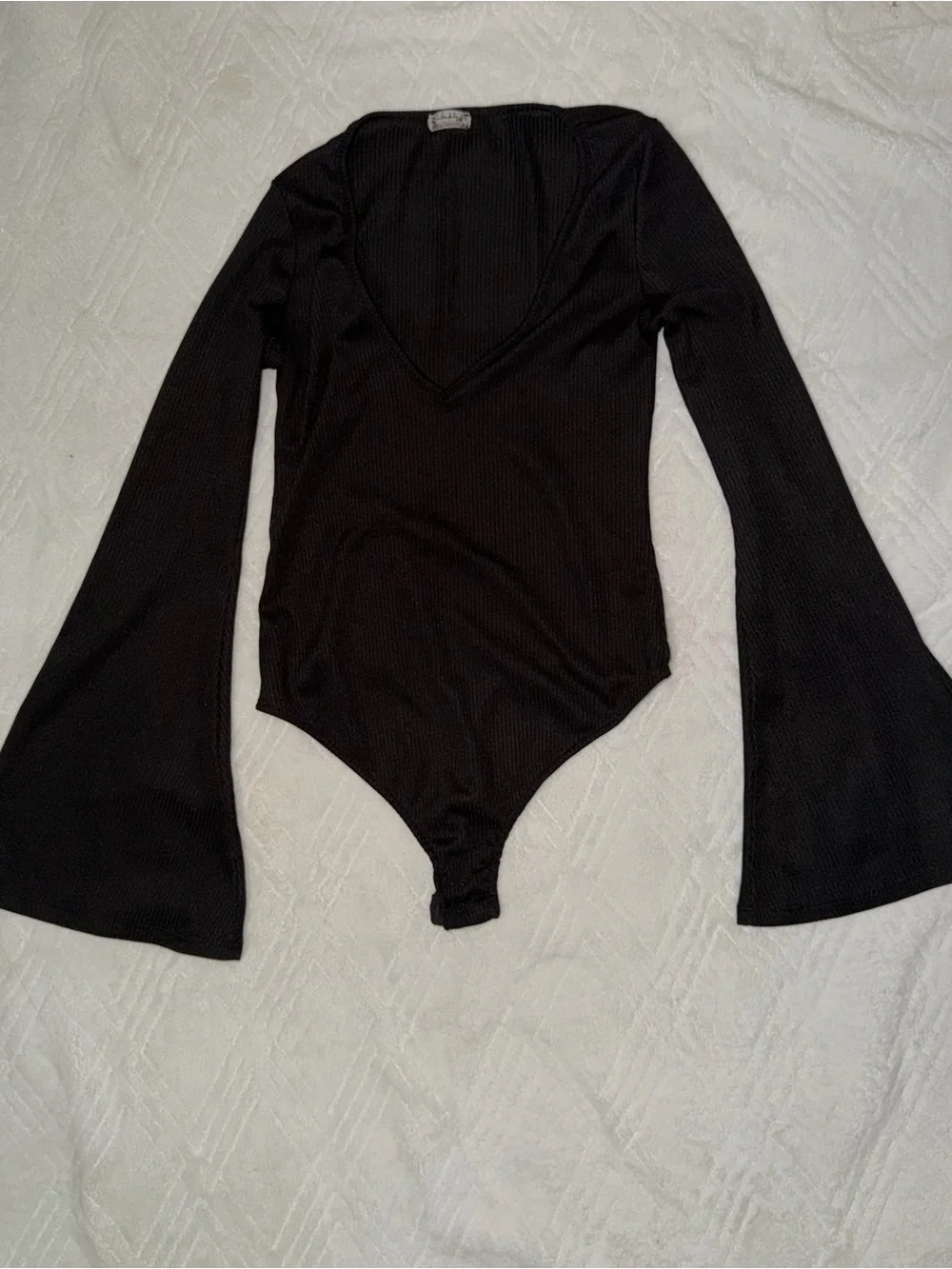Free People Black Long-Sleeve V-Neck Bell Sleeve Bodysuit